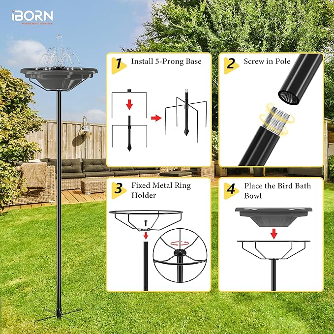 iBorn Bird Bath for Outside,36″ Freestanding Bird Bath with 3 Adjustable Height Pole,12″ BPA-Free Plastic Bowl,5-Prongs Base,Metal Pole and Plastic Birds Baths Bowl,Gray,1 Pack（Not Include Fountain）