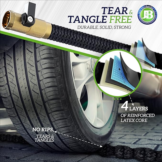 J&B XpandaHose 50ft Expandable Garden Hose – Ultra-Strong 3750D, 4-Layer Latex Core, Brass 3/4" Connectors, 10-Pattern Nozzle & Storage Bag – Lightweight, Kink-Reducing, Leak-Resistant