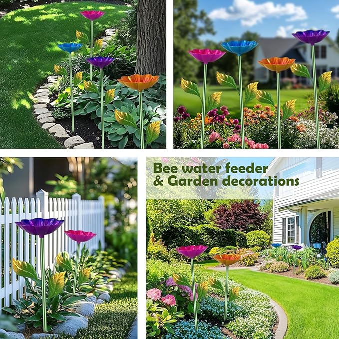 Bee Watering Station,2 Pack Butterfly Drinking Station with Flower Design for Garden,Colorful Metal Flying Insects Feeder Baths for Garden Yard Decor (Blue,Yellow)