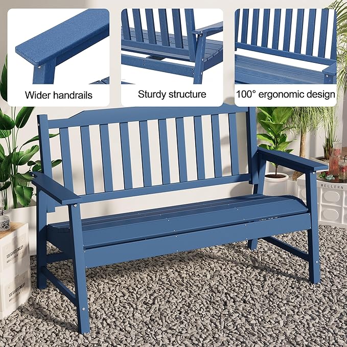 HDPE Outdoor Bench, All-Weather Garden Bench with 700 lbs Weight Capacity, 2-Person Patio Benches for Garden, Porch, Backyard, Park, Navy Blue