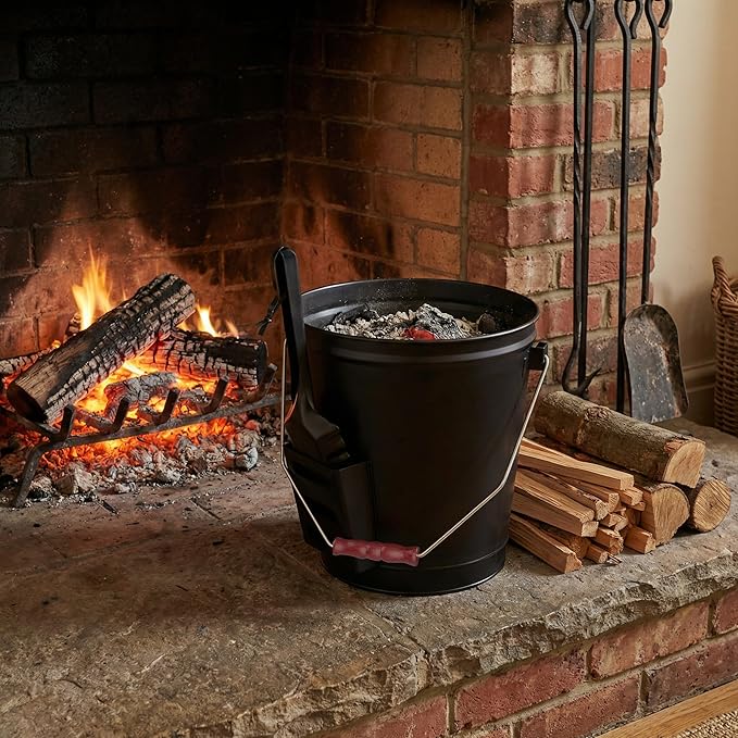 Ash Bucket - 4.75-Gallon Metal Bucket with Lid and Shovel for Fireplace or Firepit Ashes - Heat Resistant Fireplace Tools by Pure Garden (Black)
