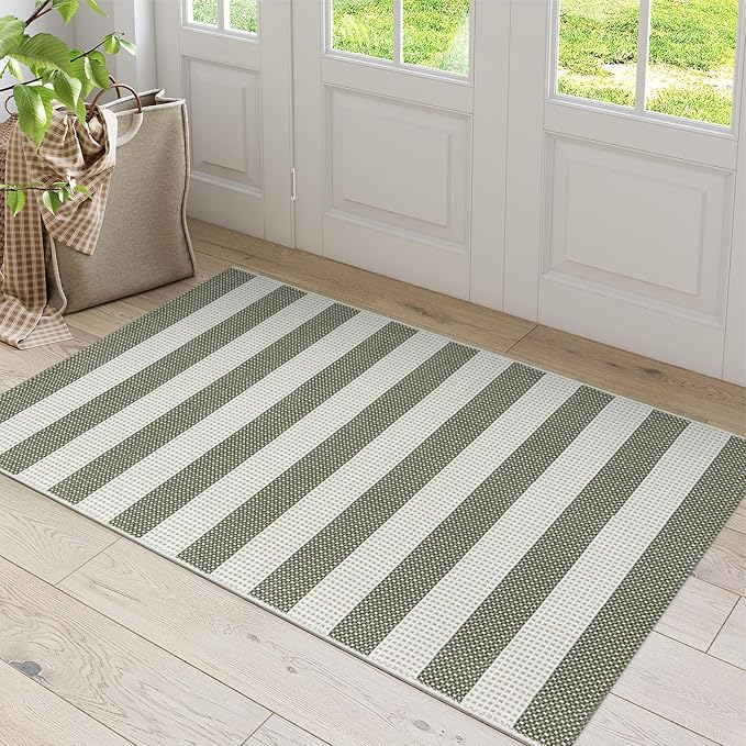 Striped Outdoor Rug 3x5, Boho Washable Front Porch Rug Cotton Hand Woven Outside Door Mats,Foldable Layered Doormat for Farmhouse/Entryway/Home Entrance(Green and White)