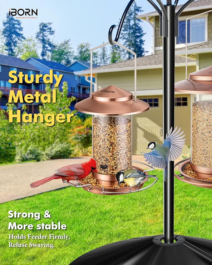 iBorn Bird Feeder Metal Squirrel Chew-Proof Bird Feeders for Outdoors Hanging Outside for Cardinal, Holds 1.5LB Seed with 3 Perchs, Brushed Copper (Seed is not Included)