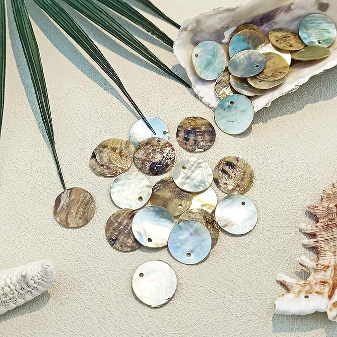 Firstmeet Shell Beads 150pcs Natural 15mm Flat Round Mussel Shell Coin Drop Charm Beads with Iridescent Back for Handcraft Jewelry Making(DIY-1023-Prairie Sand-15)