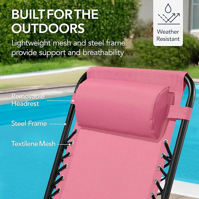 Best Choice Products Outdoor Folding Rocking Chair, Zero Gravity Lounge Chair, Patio Rocker w/Headrest Pillow - Pink