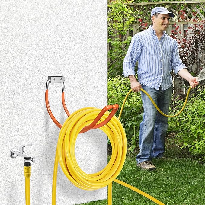 Garden Hose Holder Water Hose Hanger Wall Mounted,304Stainless Steel Solid Hose Hook Holds Up to 150Ft Garden Hose, Expandable Hose, Garden Hose Carts,Water Hose - Orange