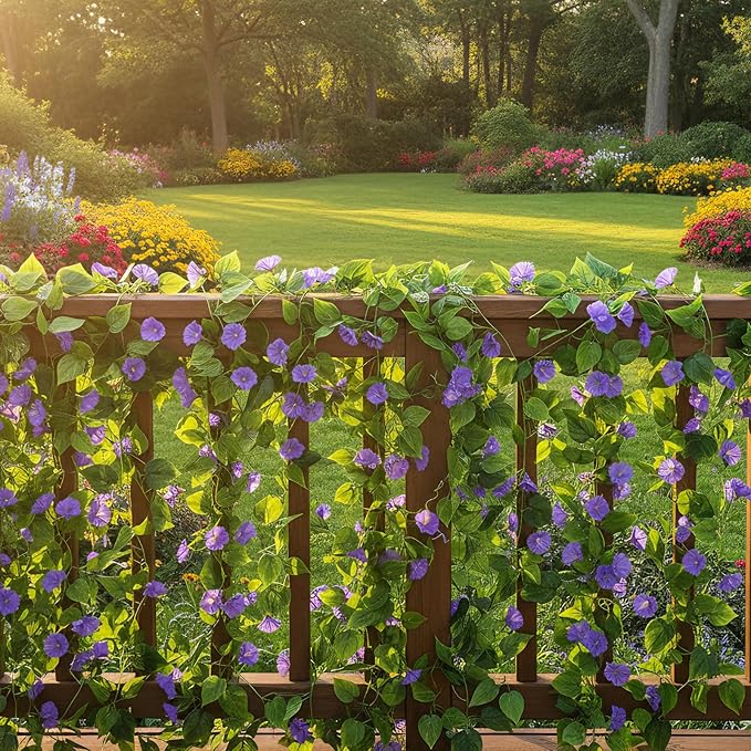 GTIDEA Artificial Vines 15Feet Silk Flower Garland Purple Morning Glory Vine Artificial Flowers Hanging Plants Garland Fake Green Plant 4Pcs for Outdoors Wall Fence Indoor Wedding Banquet Decor