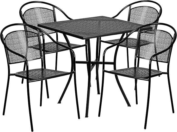 Flash Furniture Oia Commercial Grade 28" Square Black Indoor-Outdoor Steel Patio Table Set with 4 Round Back Chairs
