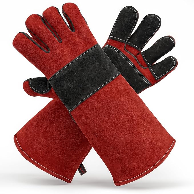 Grill Armor Welding Gloves – 16-Inch EN407 Leather Forge, MIG & Stick Welding Gloves – 932°F Heat & Fire Resistant – Red