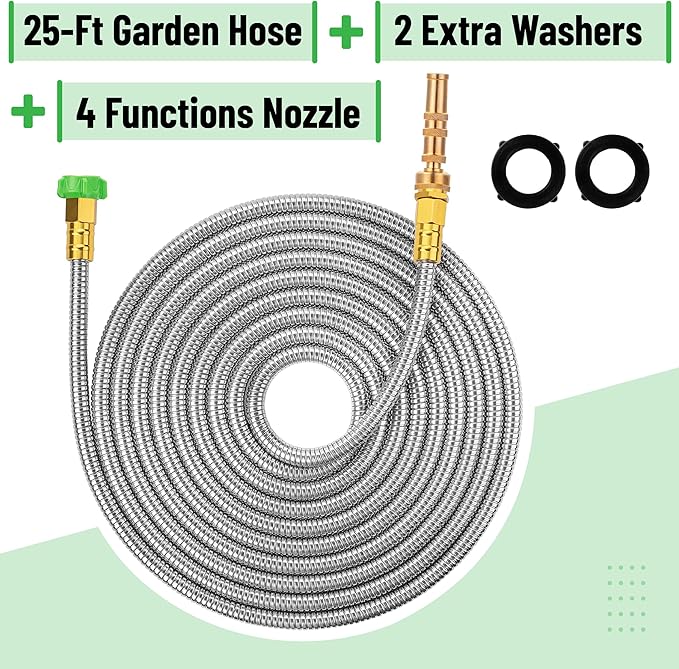 UNCO- Stainless Steel Metal Hose with 4 Function Brass Nozzle, 25 ft, No Kink, Metal Garden Hose