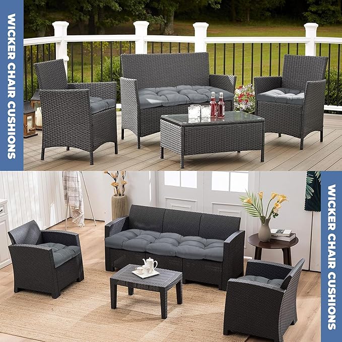 Wicker Chair Cushions, Waterproof Outdoor Loveseat Cushions for Patio Furniture, Tufted Wicker Furniture Cushions, 1 Loveseat and 2 U-Shaped Cushions, Grey