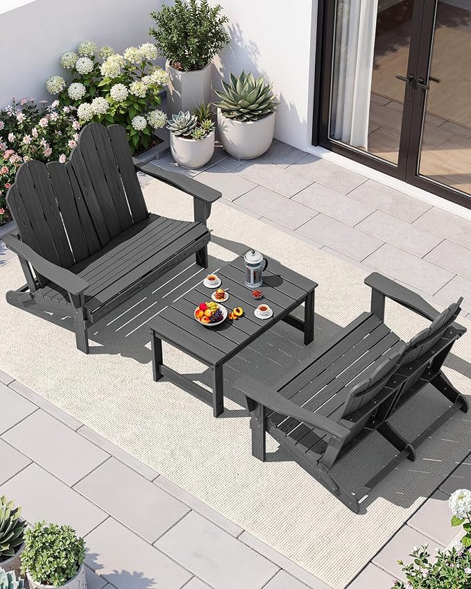 SERWALL Outdoor Patio Adirondack Set, 2 Folding Adirondack Bench & 1 Coffee Table with Umbrella Hole, HDPE All-Weather Adirondack Furniture Set for Front Porch Garden Balcony Backyard, Grey