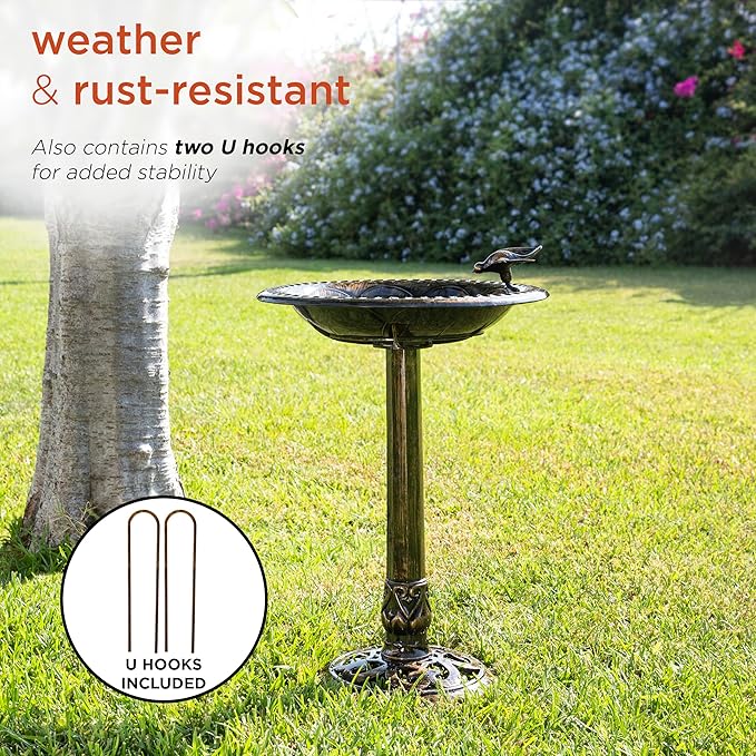 Alpine Corporation 27" Tall Outdoor Antique Pedestal Birdbath with Bird Statue Decor, Durable Polypropylene Construction, Bronze
