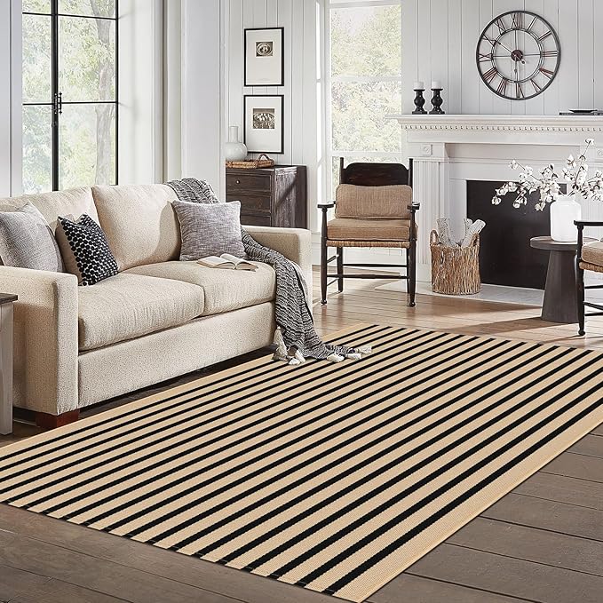 IOHOUZE Striped Area Rug 5'x7' Indoor Outdoor Rug, Washable Area Rug for Living Room, Large Patio Rug, Cotton Striped Rugs for Patio Living Room Bedroom,Tan/Black