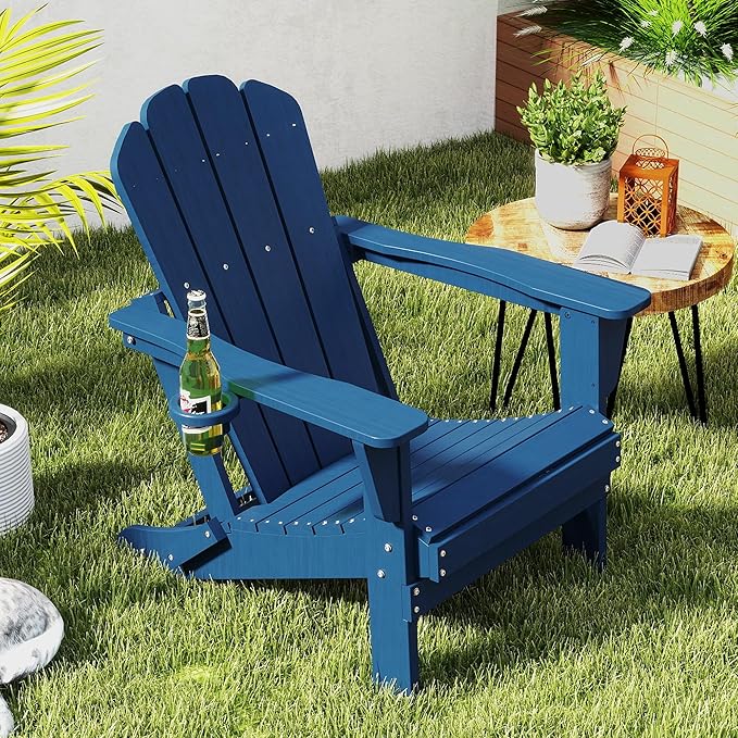 Domi Folding Adirondack Chair, HDPE All-Weather Outdoor Chair with Cup Holder, Wooden Textured Fire Pit Chair for Backyard, Patio, Poolside & Deck, Navy Blue