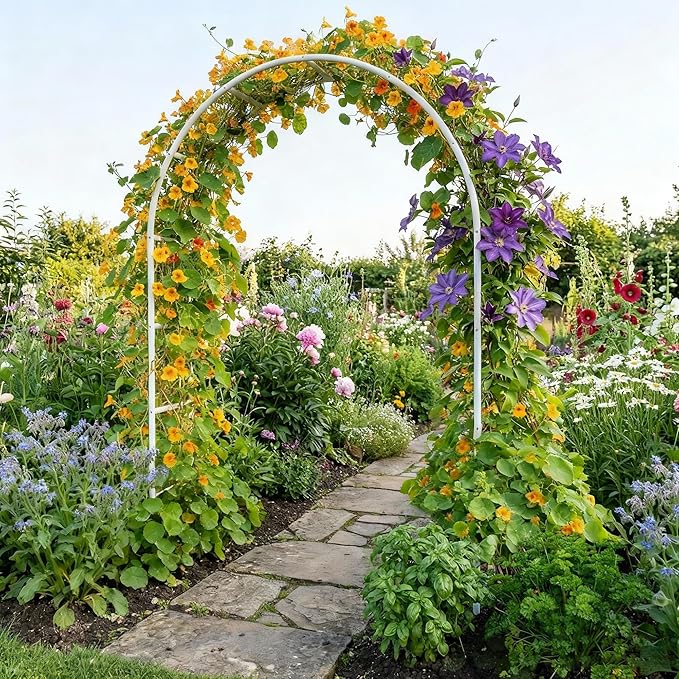Thickened Rustproof Garden Arch Metal Trellis for Climbing Plants Outdoor, Wedding Arch Garden Arbor Frame Archway 4.9 x8.1 or 5.5 x7.9Ft Flower Arches for Bridal Party Decoration (White)