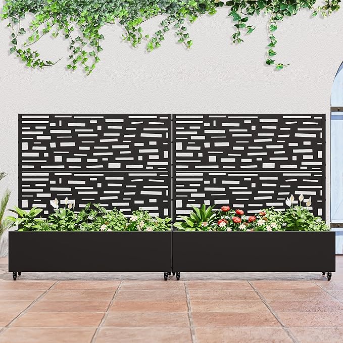 Casaphoria Metal Raised Garden Bed with Trellis and Wheels, 47"x47"x16" Planter Box for Climbing Plants, Vegetables & Vines, Features Drainage Holes and Privacy Screen (Black-Gerald)