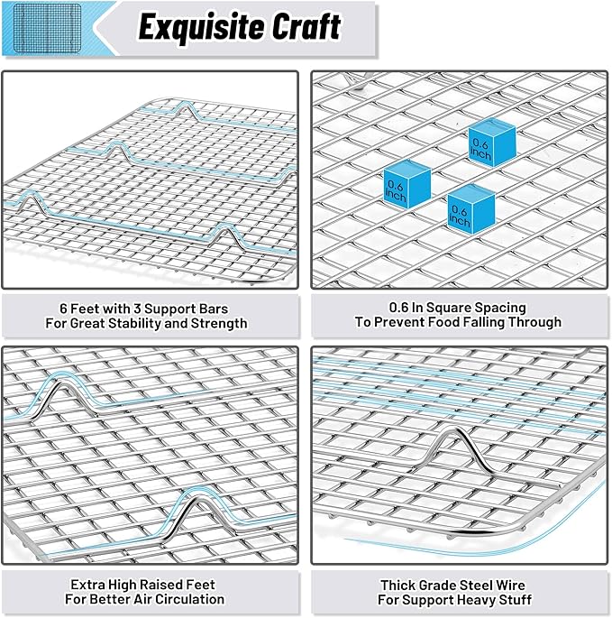 TeamFar Cooling Racks, 2 Pack Stainless Steel Grid Wire Rack for Baking Roasting Grilling Drying, 15.3’’ x 11.2’’, Metal Mesh Oven Rack for Chicken Bacon Cookies, Non-Toxic & Dishwasher Safe