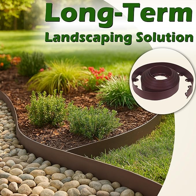 Gardzen Landscape Edging Kit, 60-Foot Long, 3-Inch Tall, No Dig Garden Edging Border for Flower Beds, Tree Rings, Pathways, Includes 60 Spikes, Brown