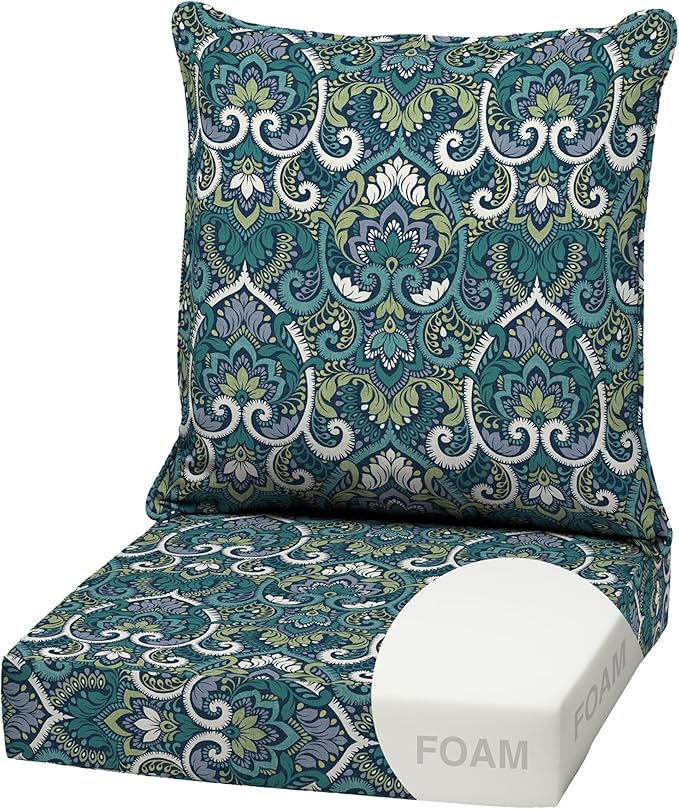 Arden Outdoor Foam Deep Seat Cushion Set, 22 in x 24 in, Weather-Proof, Rain-Proof, Fade Resistant Patio Cushion, Bottom and Back Cushion for Chair, Sofa, and Couch Sapphire Aurora Blue Damask