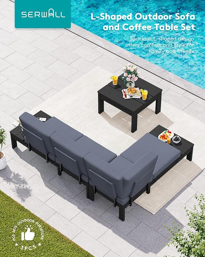 SERWALL HDPE Outdoor Furniture Set, 4 Seats Outdoor Sectional with Coffee Table, All-Weather Patio Sofa Set, Patio Conversation Sets with Adjustable Backrest Sofa for Garden, Backyard, Black with Grey
