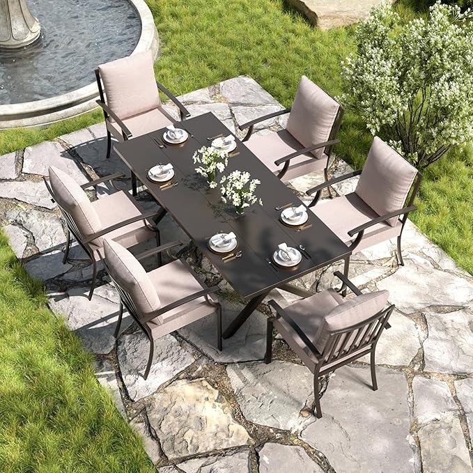 Kullavik 7 PCS Outdoor Dining Table Set for 6,Fence Pattern Back Chairs,Iron Longboard X-Leg Table w/Parasol Hole,Patio Furniture Set for Backyard,Garden,Poolside-Sand