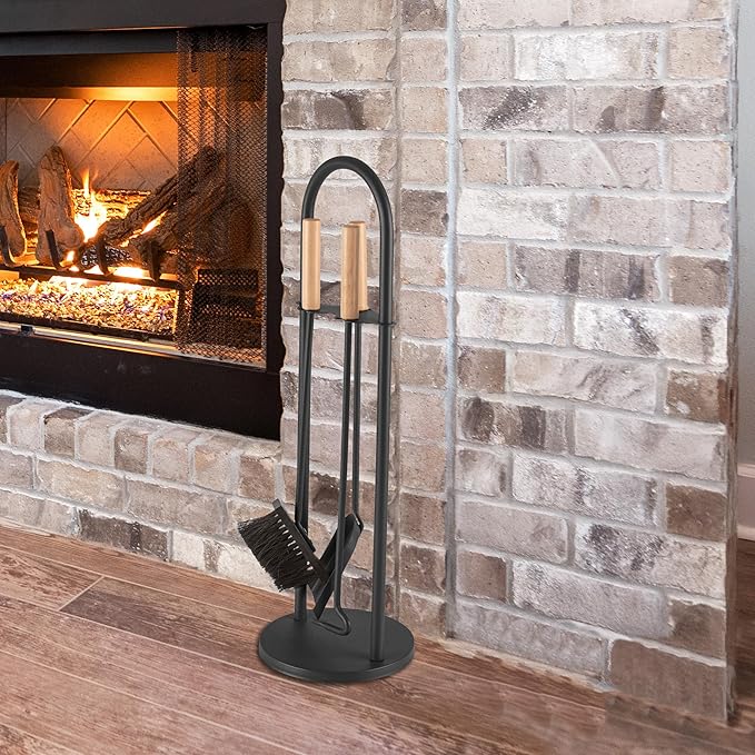 4 Piece Fireplace Tools Set Indoor Outdoor - Fireplace Accessories Set with Poker, Brush, Shovel, and Stand - Fire Tools for Fire Places, Firepits, and Woodstoves by Lavish Home (Black)