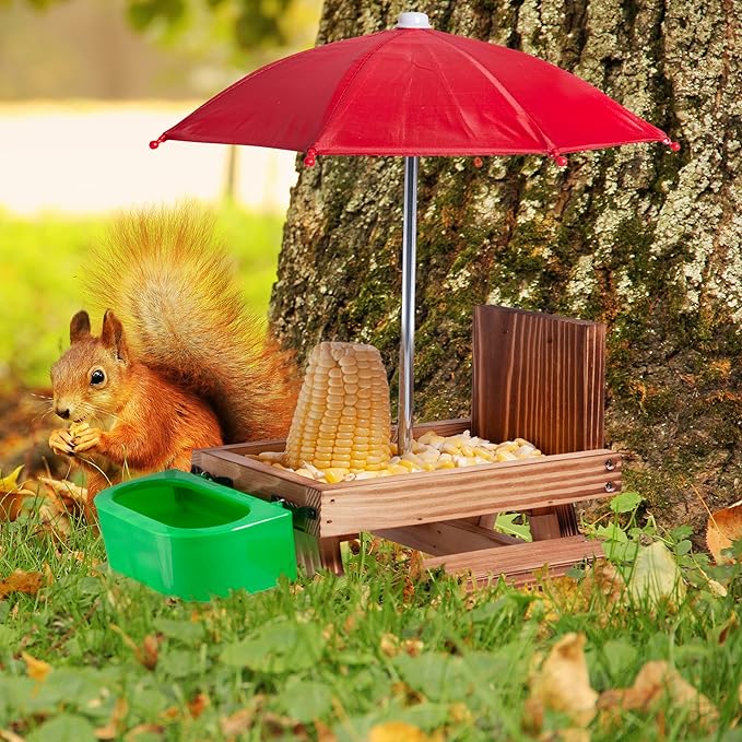 Squirrel Feeder Picnic Table with Water Bowl, Squirrel Feeders for Outside with Umbrella, Brown Squirrel Feeder with Corn Cob Holder Cute Chipmunk Feeder for Yard and Porch Decoration