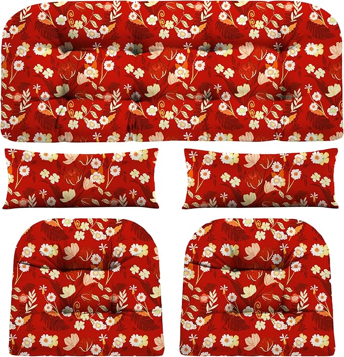 Wicker Chair Cushions of 5 Pieces, Waterproof Outdoor Loveseat Cushion for Wicker Furniture, 1 Love Seat Cushion, 2 U-Shape and 2 Lumbar Pillows for Patio Furniture (Red Flower)