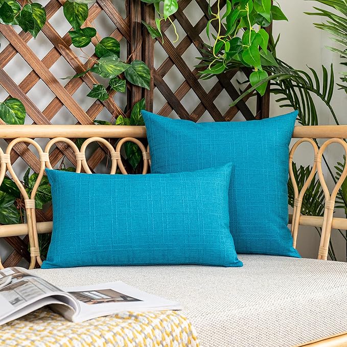 Kevin Textile Pack of 2 Outdoor Waterproof Throw Pillow Covers Solid Checkered Linen Decorative Farmhouse Pillowcases for Garden Patio Tent Balcony Couch Sofa 24 x 24 Peacock Blue