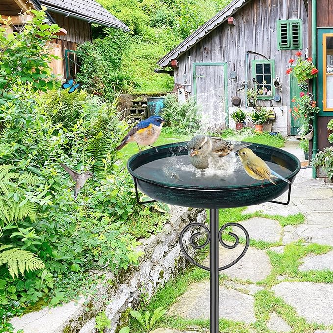 Metal Bird Bath for Outside,Vintage Freestanding Bird Bath with Metal Stake Upgraded 5 Pronged Base Detachable Birdbaths Feeder Bowl for Outdoors Garden Patio Yard Lawn Decor (Vintage Green)
