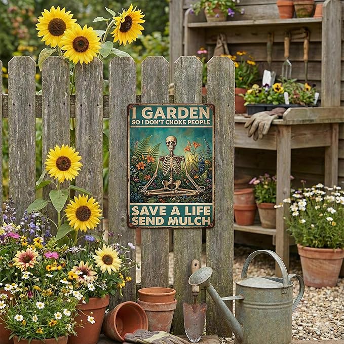 Funny Skeleton Garden Tin Sign - "I Garden So I Don't Choke People" Metal Decor - Meditating Skeleton & Gothic Flowers - Sarcastic Quote for Yard, Fence, Shed - Metal Sign Gift for Gardeners，8x12 inches