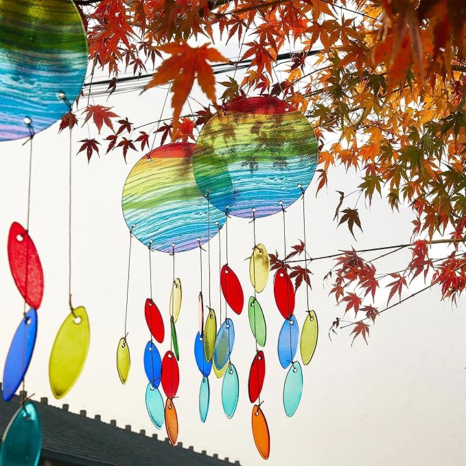 YU FENG Rainbow Stripe Double Disc Glass Wind Chime - Colorful Hanging Decor for Patio, Window & Garden