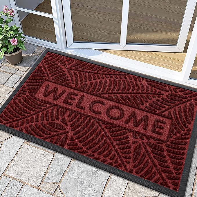 Smiry Welcome Mat Indoor Outdoor, All-Season Waterproof Front Door Mat, Sturdy Natural Rubber Doormat, Non-Slip, Easy Clean, Low Profile Dirt Trapper for Porch Patio Entrance, 47x23, Wine Red