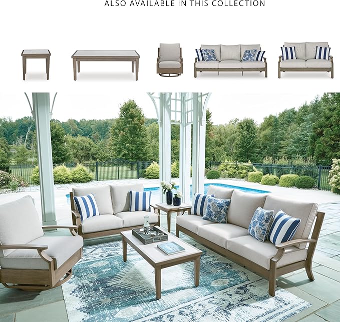Signature Design by Ashley Rainier Ranch Contemporary Nuvella Weather Resistant Fabric Outdoor High Back Swivel Glider Chair with Cushion, Light Brown & Beige