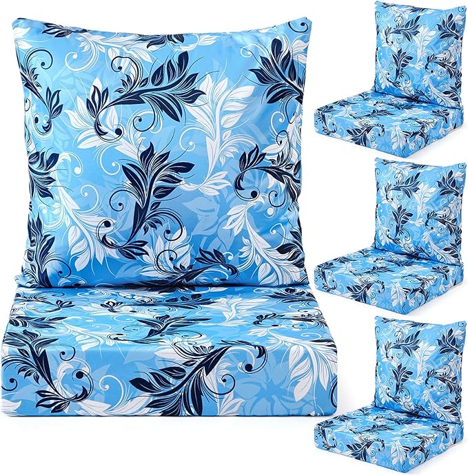 Hoteam 4 Set Outdoor Chair Patio Cushions Deep Seat Waterproof Chair Cushions 20 x 20 Inch for Patio Furniture Set Replacement Removable Seat and Back (Floral Scrolls)