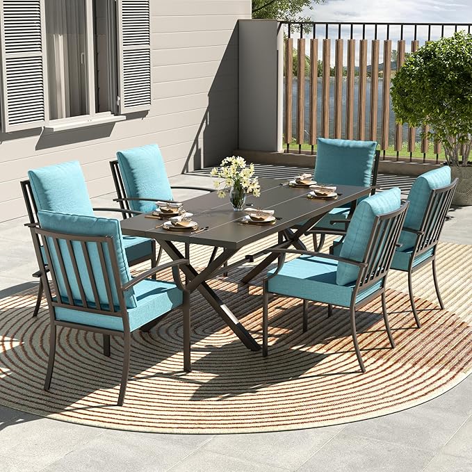 Kullavik 7 PCS Outdoor Dining Table Set for 6,Fence Pattern Back Chairs,Iron Longboard X-Leg Table w/Parasol Hole,Patio Furniture Set for Backyard,Garden,Poolside-Blue