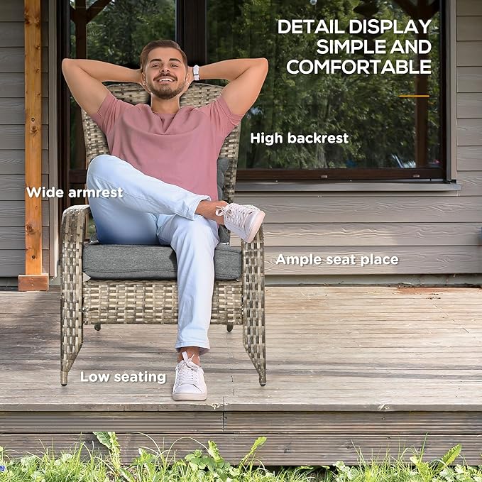 Outsunny Patio Wicker Adirondack Chair, Outdoor All-Weather Rattan Fire Pit Chair w/Soft Cushions, Tall Curved Backrest and Comfortable Armrests for Deck or Garden, Mixed Tan/Dark Gray