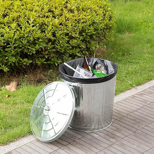Gardenised Round Galvanized Steel, 12 Gallon Trash Can with Lid - Durable Metal Bucket for Backyard, Lawn, Garden and Yard Use - Weather-Resistant Garbage Can for Indoor and Outdoor, 16-inch
