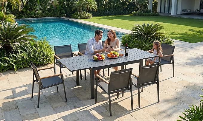 Expandable Outdoor Patio Dining Table Set for 6-8 Person, Aluminum Outdoor Table and 6 Chairs with Textilene Fabric & HDPS Armrest, All-Weather Patio Furniture Set for Yard, Garden, Gray