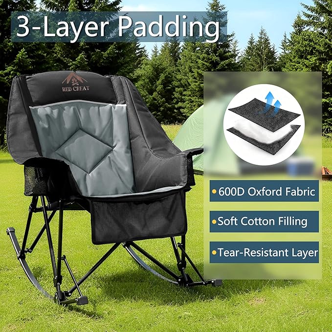 400lbs Rocking Camping Chair, Oversized Heavy Duty XL Folding Rocker for Adults, Padded High Back Big & Tall Support, with Cup Holders & Carry Bag for RV, Lawn, Patio & Sports