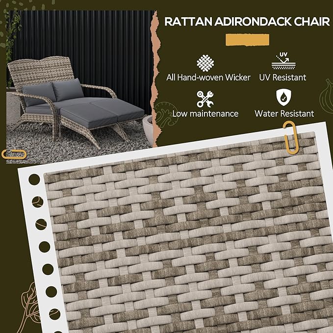 Outsunny Wicker Adirondack Chair for 2 with Cushions & Footrests, PE Rattan Double Chaise Lounge Chair, Fire Pit Chair for Porch with Wide Armrests, High-Back, Gray
