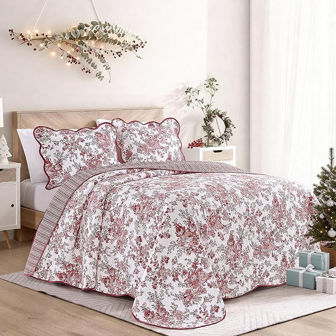 Wonderful 100% Cotton Red Floral Bedspread Set King Size, Quilt Bedding Sets with Pillow Shams, 3 Pieces Botanical Coverlet Set, Quilted Blanket Bed Cover for All Season, 120"x118"