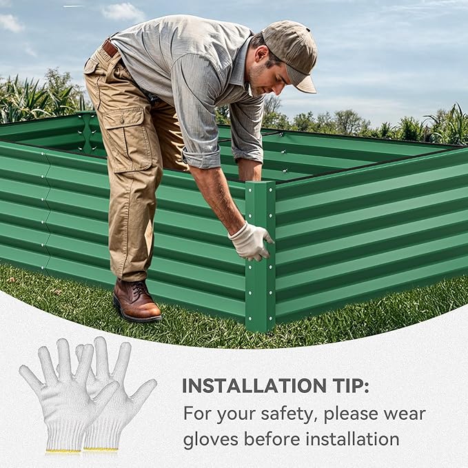 YITAHOME 96x48x18 in Galvanized Raised Garden Bed Kit, Large Metal Planter Box with Gloves, Safety Rubber & Support Rod, Outdoor Flower Bed for Plants Vegetables, Green