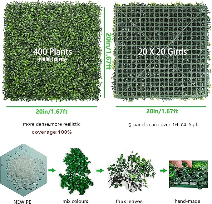 Bybeton Artificial Boxwood Grass Wall Panels,6 Pack 20"x 20" UV-Anti Grass Backdrop& Greenery Wall Panels for Indoor Outdoor Privacy Protected and Garden, Balcony,Privacy Fence Screen Décor