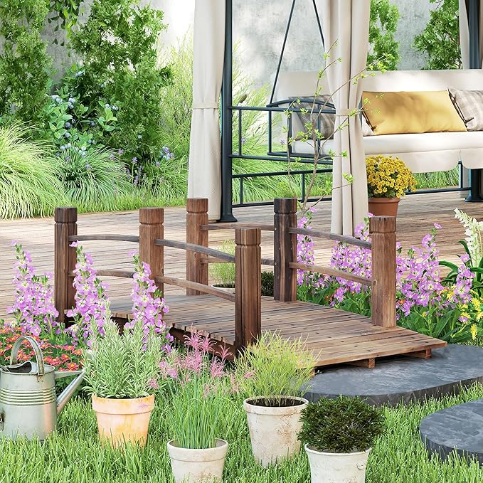 Outsunny Fir Wood Garden Bridge Arc Walkway with Side Railings for Backyards, Gardens, and Streams, Stained Wood, 60" x 26.5" x 19"