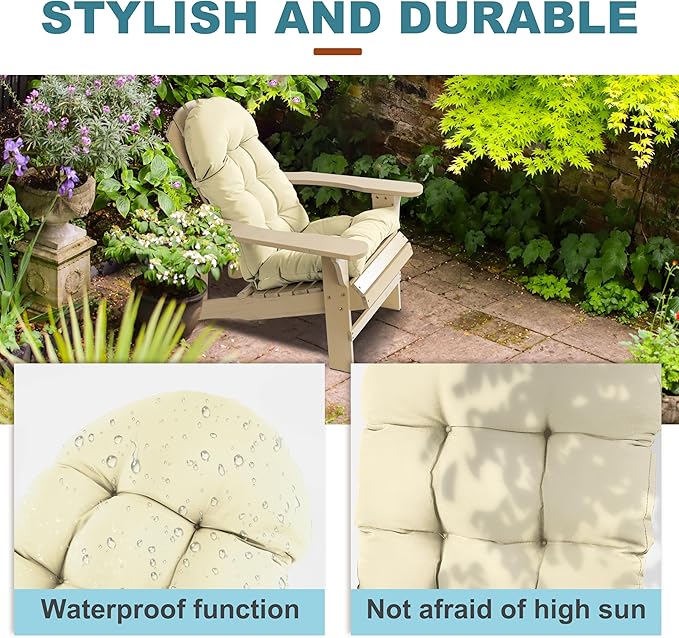 Adirondack Chair Cushion, Rocking Chair Cushion 44x19.4x4 inch, High Back Patio Cushions of Upper and Lower with Ties, Sunscreen and Fade-Resistant (Vanilla Ice, 1)