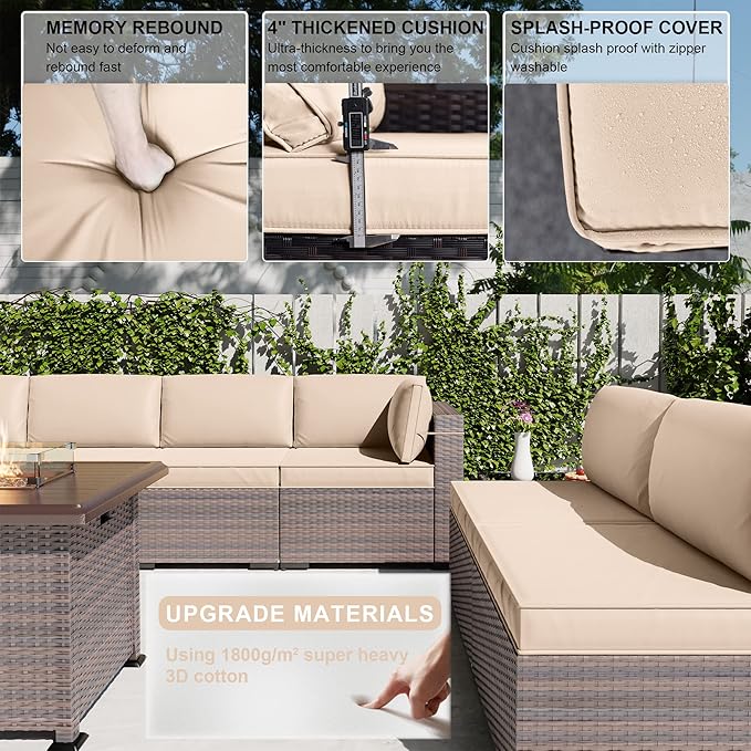 Kullavik 13PCS Outdoor Patio Furniture Set,PE Wicker Rattan Sectional Sofa Patio Conversation Sets with 43" 55000BTU Gas Propane Fire Pit Table,Swivel Rocking Chairs Set,Sand