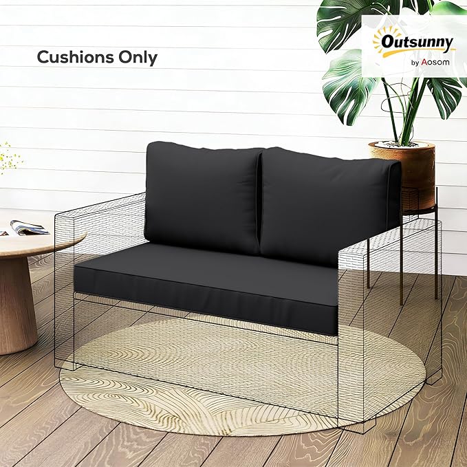 Outsunny 2 Seat Patio Furniture Cushions, 46x26x5 in, Thick Outdoor Loveseat Cushion Set with Removable Cover, Fade-Resistant Replacement Cushions for Outdoor Furniture, Couch, Bench, Swing, Black
