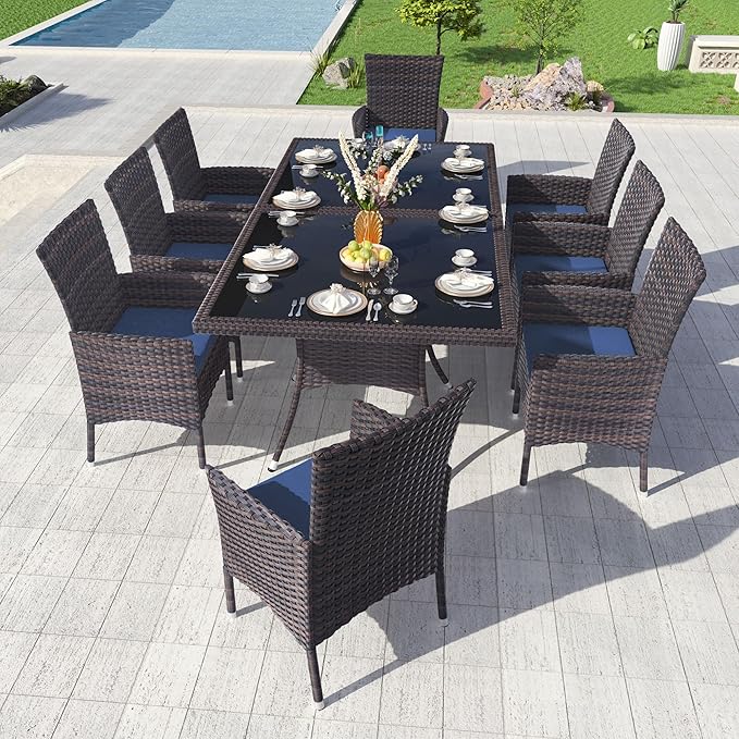 Kullavik 10-Piece Outdoor Dining Set Patio Rattan Furniture Set,Patio Dining Table and Chairs Set with 8 Chairs and Cushions,Square Glass Tabletop with Umbrella Hole for Patio,Navy Blue